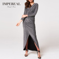 Wrap Centre Slit Evening Long Sleeve Cotton Maxi Ballgown Dress